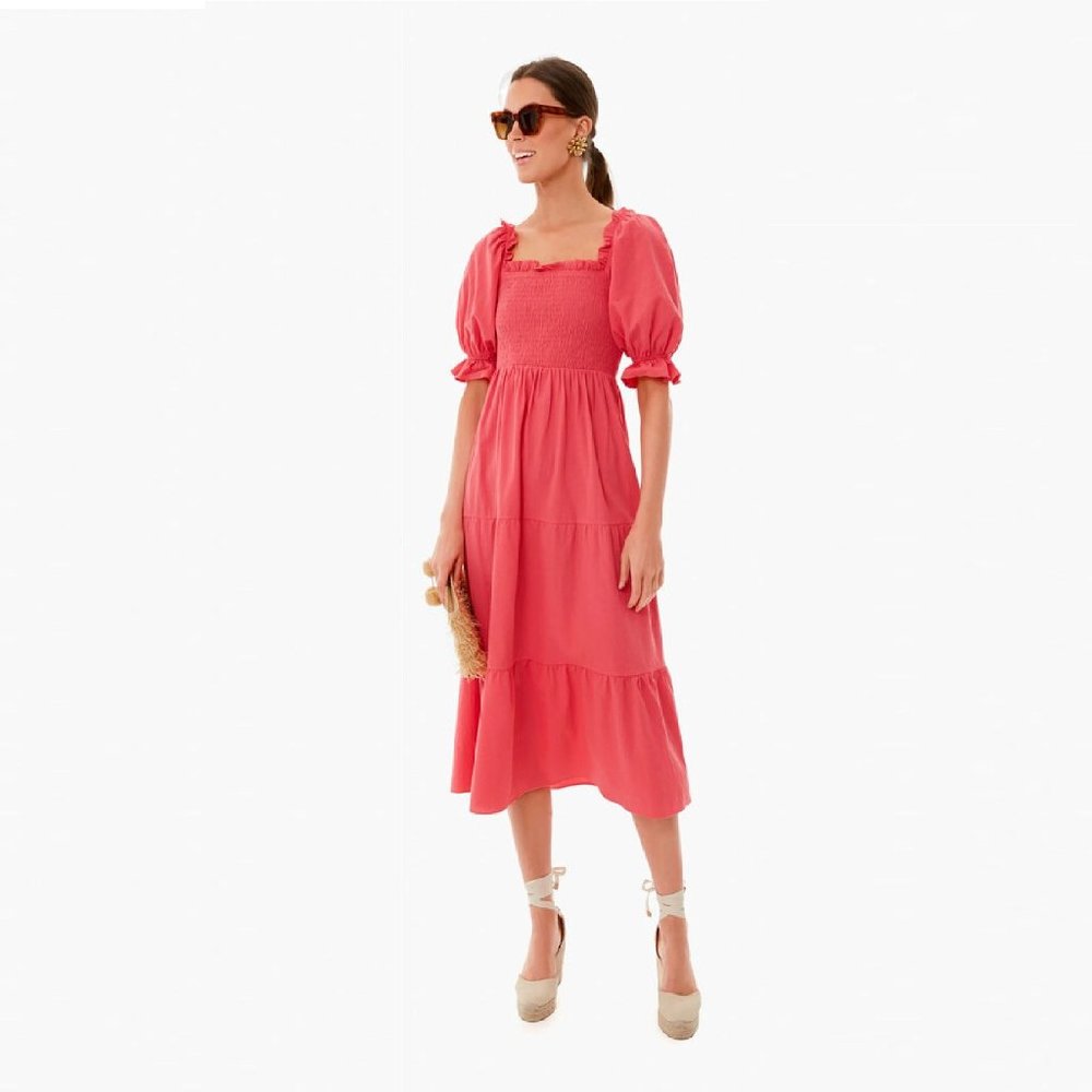 Pomander Place Tuckernuck Sorbet Pink Hannah Dress Smocked Bodice Puff Sleeve S
